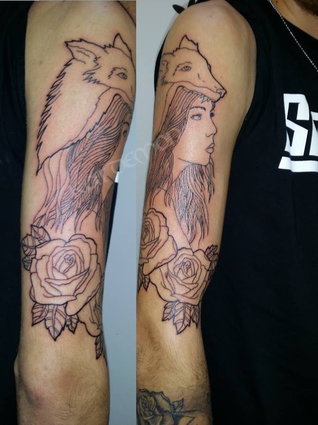 wolf girl upper sleeve tattoo